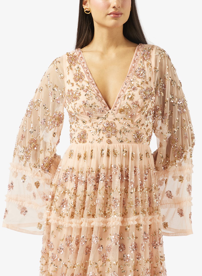 مايا فستان ماكسي طويل الأكمام مزين بكشكشة فاخرة - Image 3